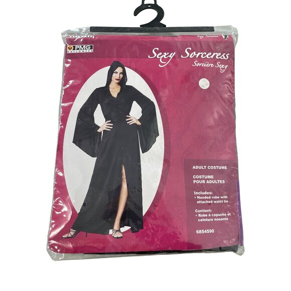Sexy Sorceress Costume One Size PMG Halloween Hooded Robe Waist Tie Black NEW - Picture 2 of 8